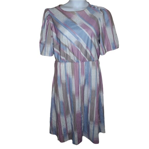 VINTAGE 70s striped short sleeve fit and flare midi day dress M - Picture 1 of 16
